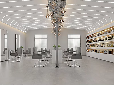 Modern Hair Salon Interior With Stylish Hairdressing Chairs Mirrors Ceiling Lights And Product Shelves 3d model