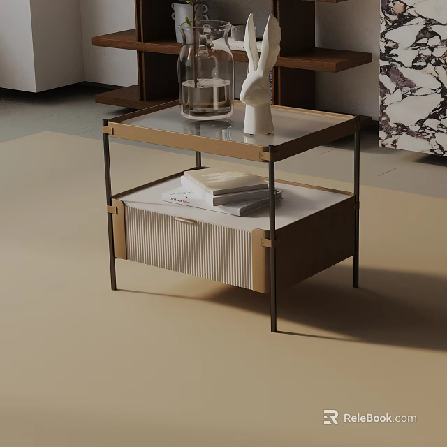 Modern Side Table With Glass Top Wooden Drawer Metal Frame And Storage Shelf 3d model 