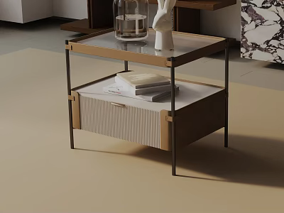 Modern Side Table With Glass Top Wooden Drawer Metal Frame And Storage Shelf 3d model