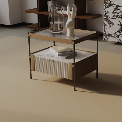Modern Side Table With Glass Top Wooden Drawer Metal Frame And Storage Shelf 3d model