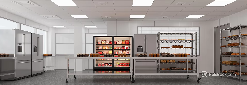 Commercial Kitchen Interior With Refrigerated Display Cases Storage Racks And Food Items 3d model 
