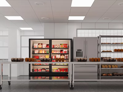 Commercial Kitchen Interior With Refrigerated Display Cases Storage Racks And Food Items 3d model
