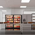Commercial Kitchen Interior With Refrigerated Display Cases Storage Racks And Food Items