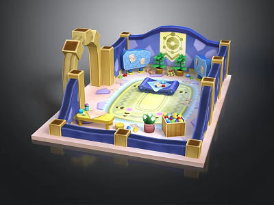 Colorful Indoor Play Area Design With Blue Gold Frames Central Mat Carpet Toys And Plants 3d model