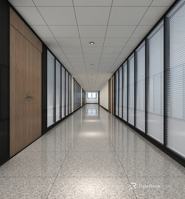 Modern Office Corridor with Wooden Doors Glass Partitions Blinds Ceiling Lights and Polished Floor 3d model 