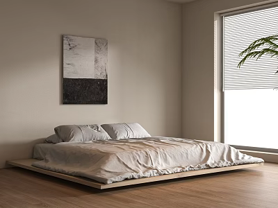 Minimalist Bedroom Interior With Wooden Platform Bed White Linens And Abstract Wall Art 3d model
