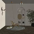 Wooden Leisure Chair In Cozy Living Room With Arched Shelf Green Plant And Round Rug
