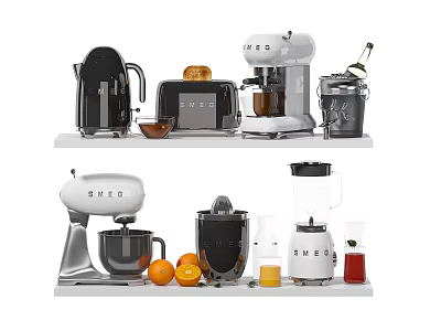 SHICO Kitchen Appliances Collection With Coffee Maker Toaster Mixer Blender And Oranges 3d model