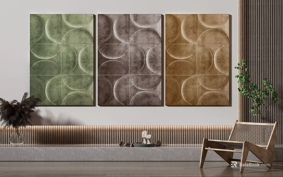 Modern Interior With Three Decorative Wall Art Panels Circular Patterns Green Brown Beige 3d model