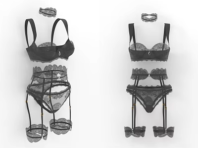Black Lace Lingerie Set Including Bra Garter Belt Panty And Hair Accessory 3d model