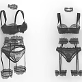 Black Lace Lingerie Set Including Bra Garter Belt Panty And Hair Accessory