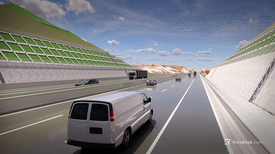 Road Infrastructure On Highway Featuring Green Slopes Traffic Lanes And Moving Vehicles In Mountain Landscape 3d model 