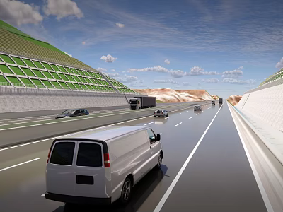 Road Infrastructure On Highway Featuring Green Slopes Traffic Lanes And Moving Vehicles In Mountain Landscape 3d model