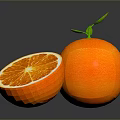 Fresh Whole Orange With Sliced Half And Green Leaf On Glossy Surface