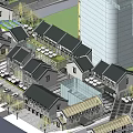 Traditional And Modern Architecture Commercial Street With Fountain And Parking Spaces