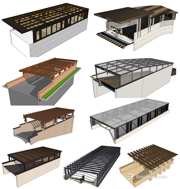 Various Architectural Canopy Designs With Wooden And Glass Roof Structures 3d model 