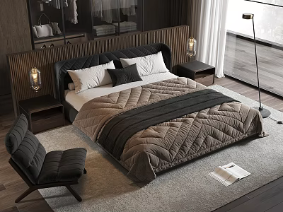 Modern Double Bed Interior With Wooden Headboard Nightstand Black Chair And Rug 3d model