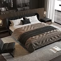 Modern Double Bed Interior With Wooden Headboard Nightstand Black Chair And Rug