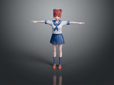 Cute Game Movie Character Wearing Blue White Sailor Uniform With Red Hair And Arms Outstretched 3d model