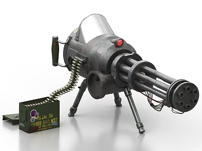 Multi Barrel Machine Gun Weapon With Tripod Ammo Box Spring And Red Button 3d model