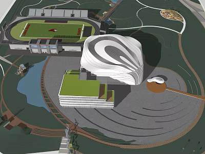 Modern Architectural Complex Featuring Curved White Building Green Roof Stadium Pond And Circular Plaza 3d model