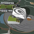 Modern Architectural Complex Featuring Curved White Building Green Roof Stadium Pond And Circular Plaza