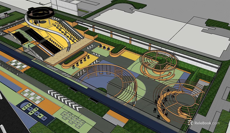 Colorful Children's Playground Design With Curved Play Structures Maze Paths And Green Surroundings 3d model 