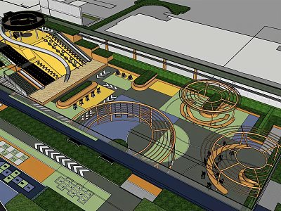 Colorful Children's Playground Design With Curved Play Structures Maze Paths And Green Surroundings 3d model