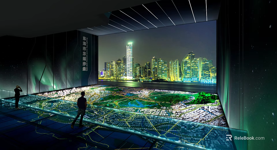 Urban Planning Model Display With Night City View Green Areas Roads And Interactive Background 3d model 