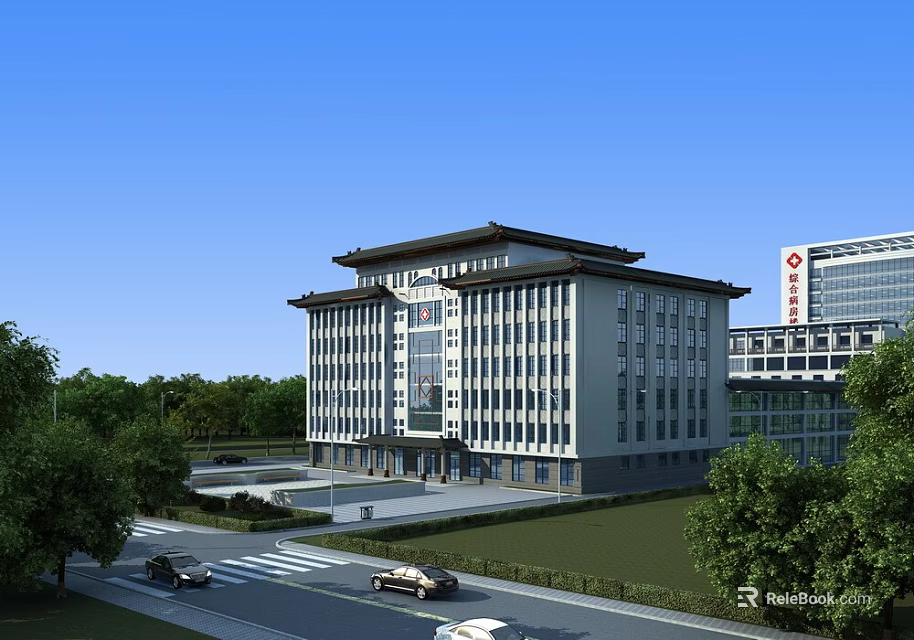 Modern Hospital Building With Traditional Roof Design Surrounded By Green Trees And Front Entrance Plaza 3d model 