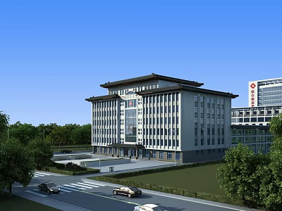 Modern Hospital Building With Traditional Roof Design Surrounded By Green Trees And Front Entrance Plaza 3d model