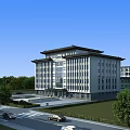 Modern Hospital Building With Traditional Roof Design Surrounded By Green Trees And Front Entrance Plaza