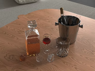 Wine Bottle and Wine Glass on Wooden Table with Metal Ice Bucket and Ice Cubes 3d model