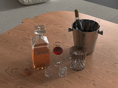 Wine Bottle and Wine Glass on Wooden Table with Metal Ice Bucket and Ice Cubes 3d model Wine Bottle and Wine Glass on Wooden Table with Metal Ice Bucket and Ice Cubes 3d model
