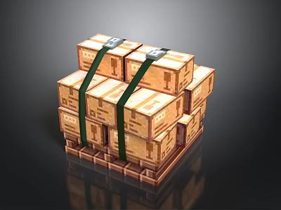 Stacked Wooden Crates On Wooden Pallet Secured With Green Straps 3d model