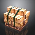Stacked Wooden Crates On Wooden Pallet Secured With Green Straps