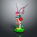 Pink Haired Fairy Sitting On Red Strawberry With Green Grass Blue Flowers And Tree Stump