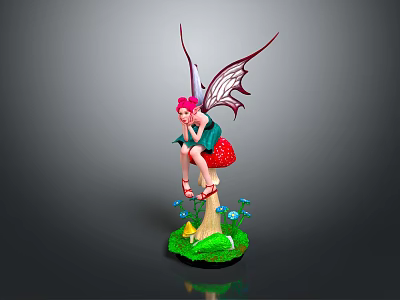 Pink Haired Fairy Sitting On Red Strawberry With Green Grass Blue Flowers And Tree Stump 3d model