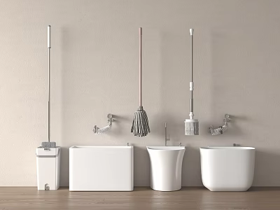 Bathroom Cleaning Tools and Fixtures with Mop Toilet Brush Toilet and Faucet 3d model