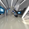 Spacious Modern Hall With Large Display Screen Showcasing City Landscape Glass Skylight And Display Counters