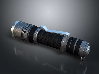Sturdy Metallic Flashlight Featuring Black Textured Grip Silver Clip And Cylindrical Body 3d model