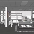 Commercial Kitchen With White Tiled Walls Large Windows Stainless Steel Worktables And Baking Tray Racks