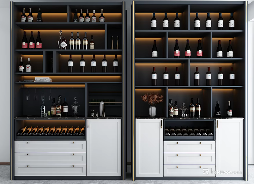 Modern Wine Cabinet Design With Multiple Shelves And Organized Wine Bottles 3d model 