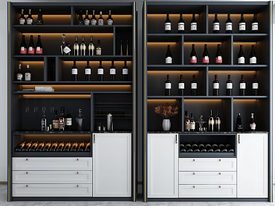 Modern Wine Cabinet Design With Multiple Shelves And Organized Wine Bottles 3d model