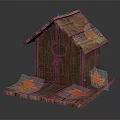 Wooden Birdhouse For Birds With Autumn Maple Leaves On Cracked Wooden Base
