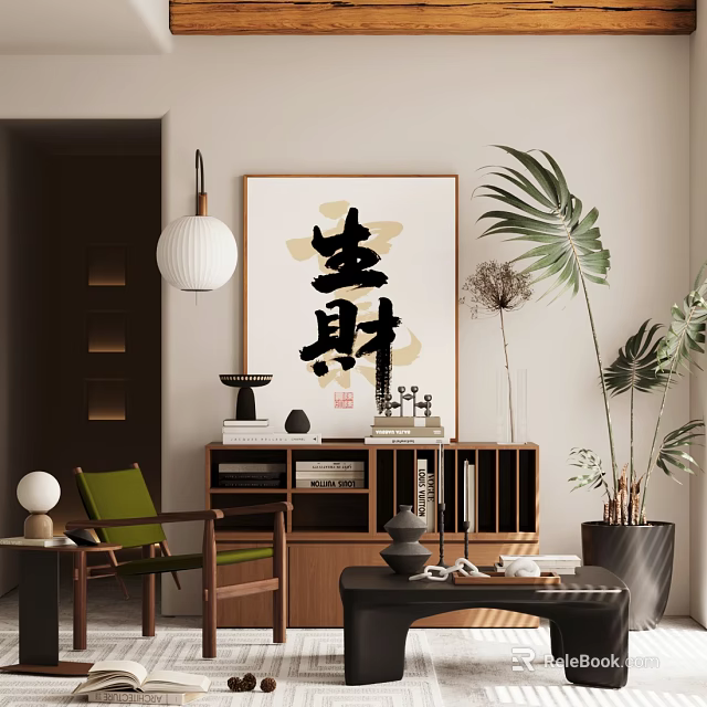 Chinese Style Bookcase In Living Room Interior With Books Decorative Items And Green Plants 3d model 