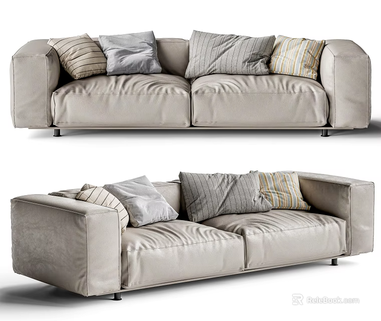 Modern Beige Two Seater Sofa With Striped Grey Pillows And Soft Fabric Design 3d model 