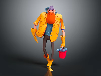 Cartoon Game Movie Character With Yellow Coat Orange Beard Red Bucket And Blue Tools 3d model