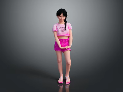 Cute Little Girl Wearing Pink Short Sleeved Top And Pink Shorts With Sandals 3d model