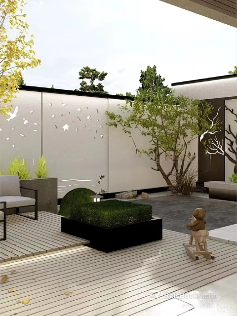 Modern Garden Landscape Design With Decorative Walls Green Plants And Seating Area 3d model 
